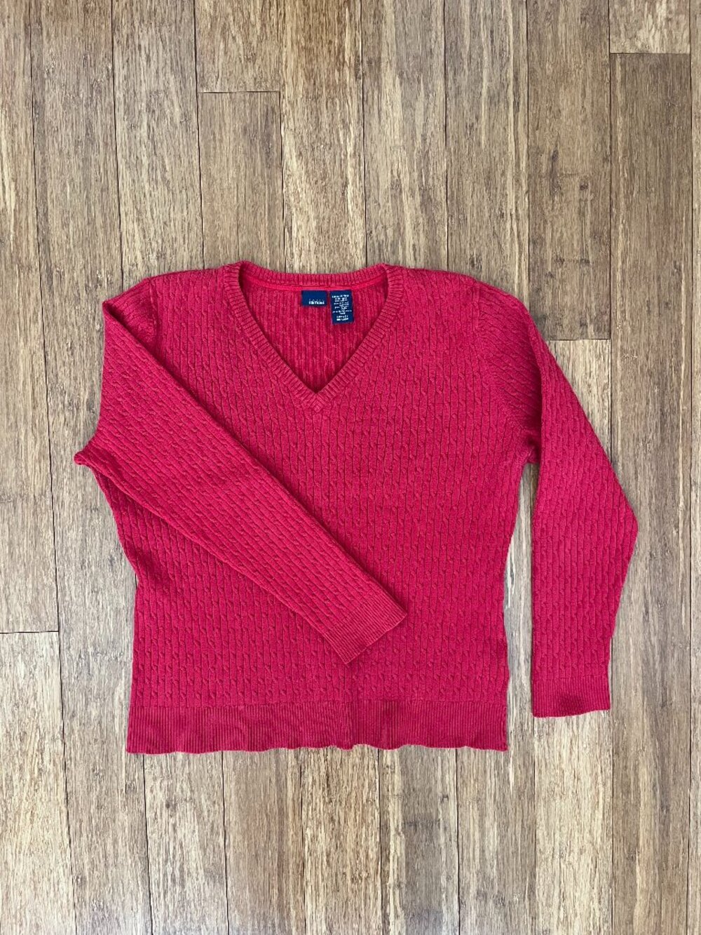 Basic Editions Red Cable Knit V-neck Long Sleeve Sweater